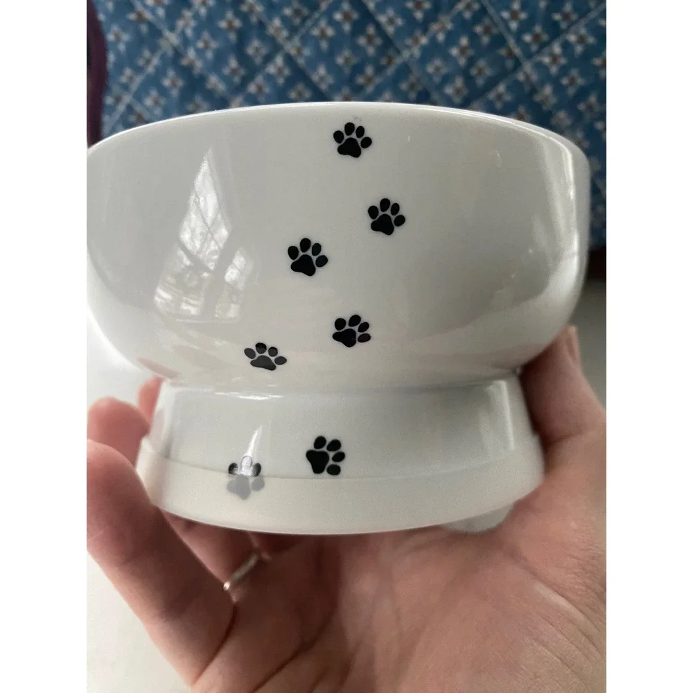 Necoichi White Ceramic Cat Bowl Raised Stand Paw Print Measuring Lines